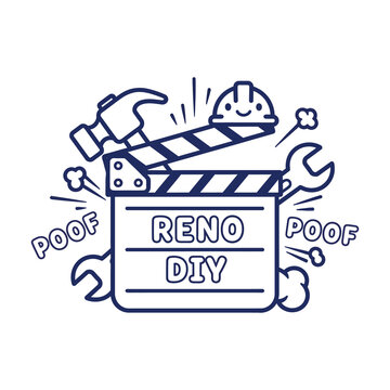 Reno DIY movie clapperboard illustration, home renovation video production icon, construction tools and film slate graphic