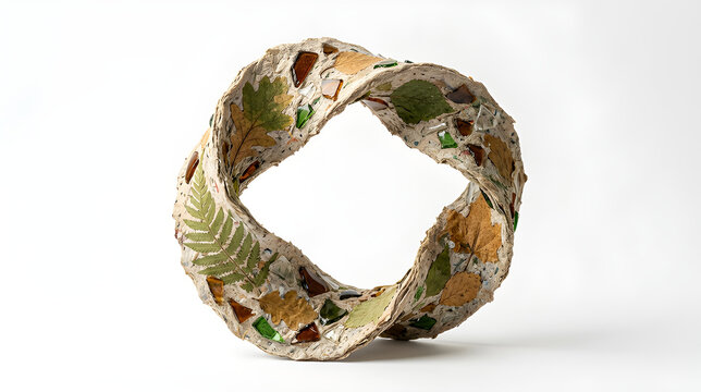 Ecological Circular Ring Mobius Loop Made of Recycled Paper Pulp Embedded with Leaves and Broken Glass Shards Isolated on White Background Representing Sustainable Recycling and Environmental Protecti