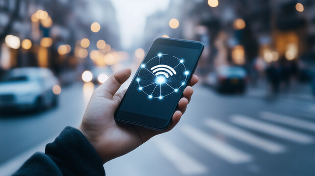 Ai person is holding a smartphone showing a wireless signal graphic. The background features a busy city street with blurred lights in the evening. The scene captures urban life and technology use.