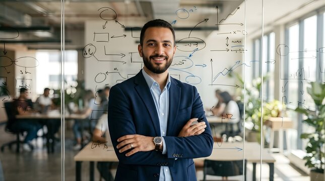 Successful professional man smiling in modern office with glass board