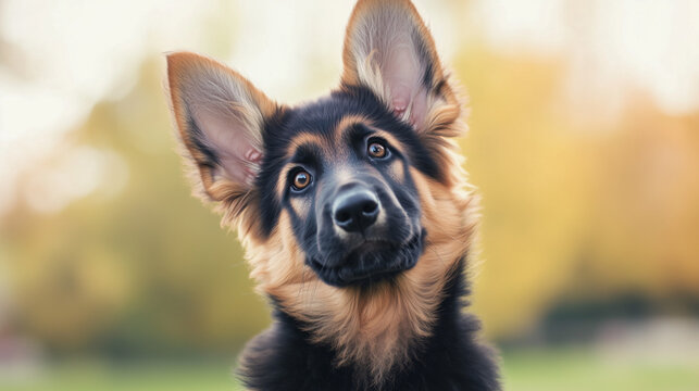 Ai puppy german shepherd looks at the camera with interest. It has large ears and a playful expression. The background shows trees and soft lighting, suggesting an outdoor location.