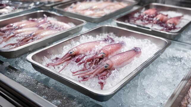Fresh squid displayed on ice trays at a seafood market or grocery store, ready for purchase.
