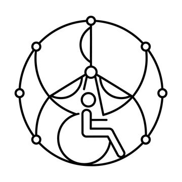 Minimalist accessibility icon, person in wheelchair within global network circle, inclusive design symbol for digital diversity and healthcare