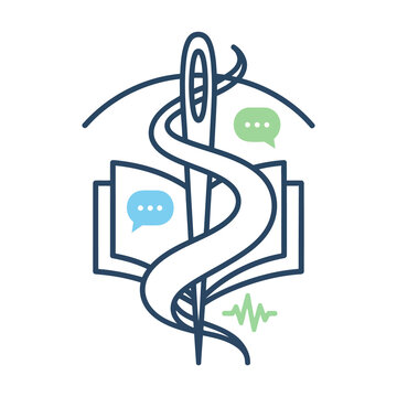 Medical caduceus needle icon with book, healthcare education symbol, clinical communication and nursing study concept