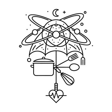Minimalist kitchen alchemy line art, celestial cooking icons with pot and whisk, mystical culinary science illustration