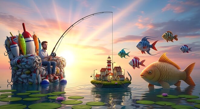 Surreal conceptual fishing scene at sunset