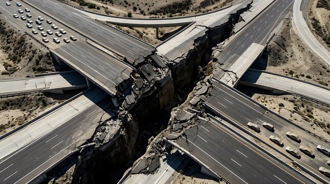 Aerial view of a major highway bridge destroyed by a powerful earthquake
