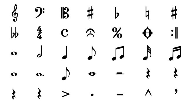 Musical symbols grid set with treble clef, bass clef, quarter notes, eighth notes, and rests featuring black and white line art with minimalist design