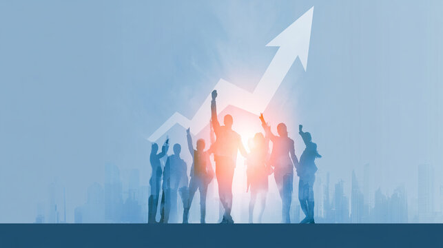 Business Team Silhouettes Celebrating Growth With Upward Arrow In City
