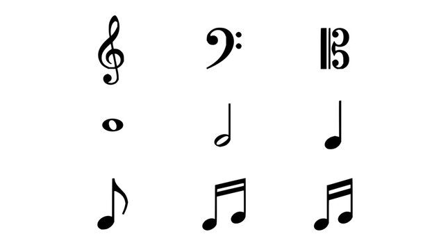 Musical notes arranged in grid with black treble clefs, quarter notes, and eighth notes on white background