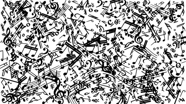 Musical notes scattered pattern with treble clefs, quarter notes, and eighth notes featuring black and white design with abstract layout