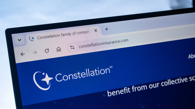 Constellation insurance website homepage displayed on computer monitor with blue and white colors for corporate branding purposes.