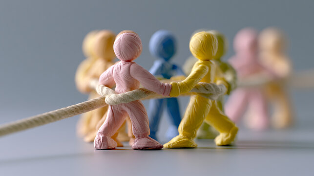 Small Clay Figures Playing Tug Of War Pulling Thick Rope
