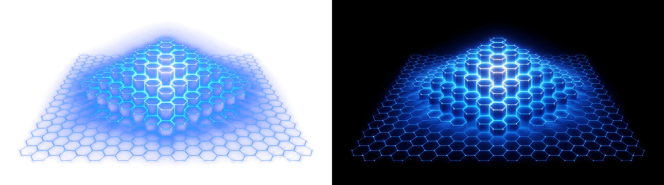 Hexagonal honeycomb grid pyramid rise light cutout with real alpha transparency for graphics