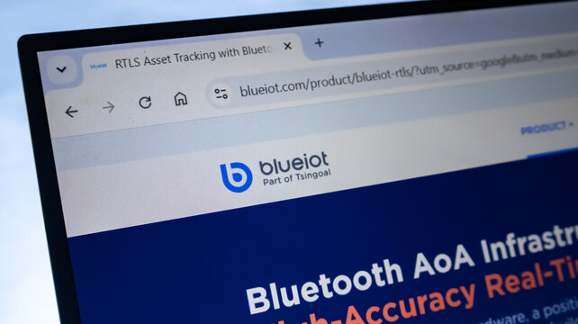 Blueiot website interface showing bluetooth RTLS asset tracking solutions on screen.