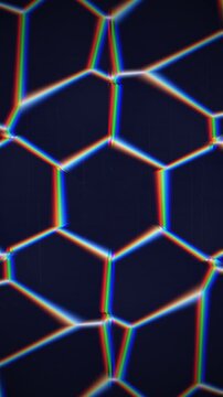 A dark blue background with a hexagonal geometric pattern, illuminated by a soft glow and featuring prismatic light effects