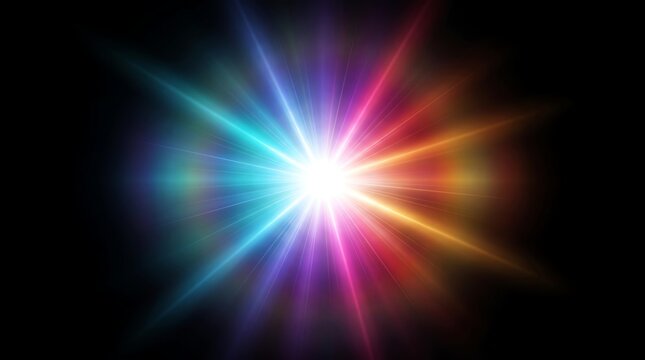 Vibrant multi-colored lens flare starburst with rainbow light rays on black background