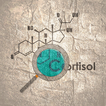 Structural formula of human steroid cortisol hormone and magnifier. Concept of medicine, biotechnology and biochemistry. Scientific research.