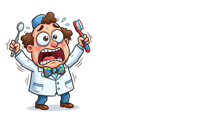 Obraz premium A ridiculously funny cartoon dentist with enormous terrified sparkling eyes, raised eyebrows and open mouth, tiny hands held dramatically upward, white dental coat, colorful bow tie, dental mirror 