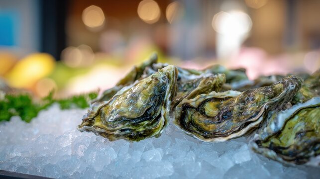 Fresh oysters served on a bed of crushed ice with a blurred background, highlighting their textures and freshness.