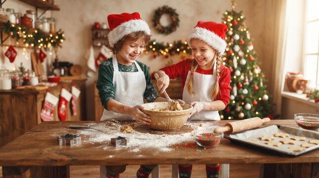 Happy children wearing santa hats baking christmas cookies in a cozy decorated kitchen during the holidays