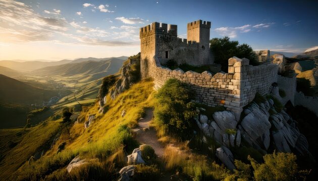 Medieval Castle on Rocky Hilltop Landscape.
