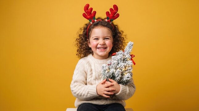 A happy little girl with curly hair wearing reindeer antlers and holding a small decorative christmas tree