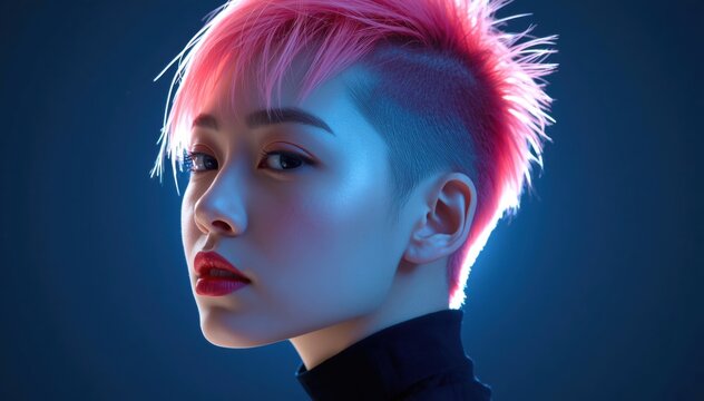 A close-up portrait of a young person with vibrant pink hair, undercut style, and bold makeup, against a blue gradient background.
