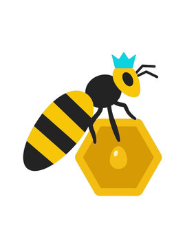 Queen bee wearing a blue crown sitting on a golden honeycomb cell