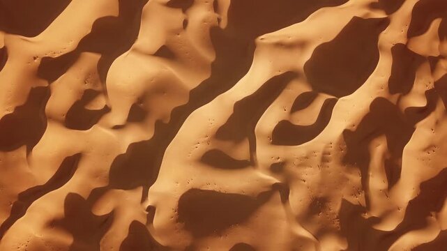 Aerial view of Sahara Desert sand dunes with shifting patterns and shadows in Morocco.