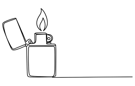 Continuous single line drawing of a metal lighter with a burning flame Vector, illustration