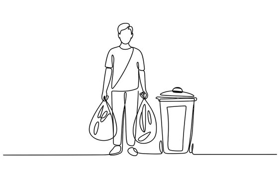 Continuous line drawing of a man holding garbage bags next to a trash can Vector, illustration