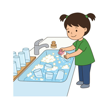 Illustration of a Young Girl Happily Washing Drinking Glasses in a Kitchen Sink Full of Soap Suds