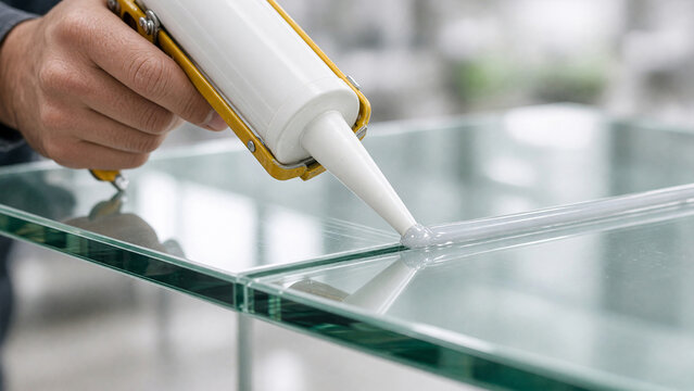 Worker applying silicone sealant with caulk gun on glass panel joint, precision bonding and sealing