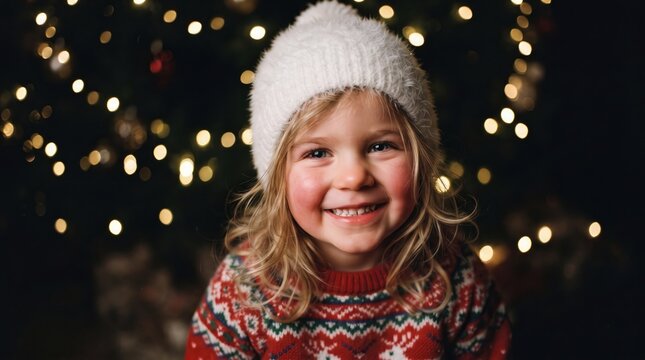 A happy young girl wearing a warm winter hat and sweater smiling in front of christmas lights