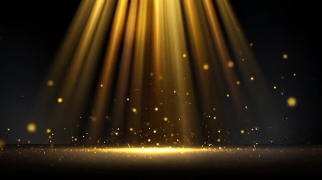 Golden light beams illuminating dark background with glowing particles
