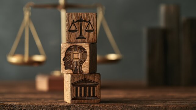Wooden blocks with icons of justice scales, a human head with circuitry, and a courthouse, symbolizing law, artificial intelligence, and legal technology.