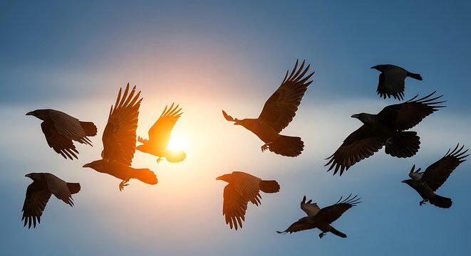 Flock of crows flying across a golden sunset sky