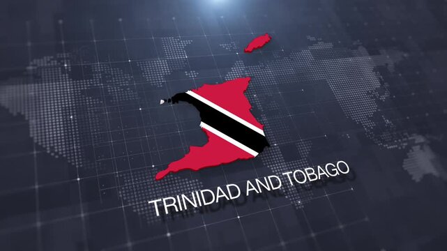 Trinidad And Tobago map with national flag on digital world map background, geographic border, global political and international news concept