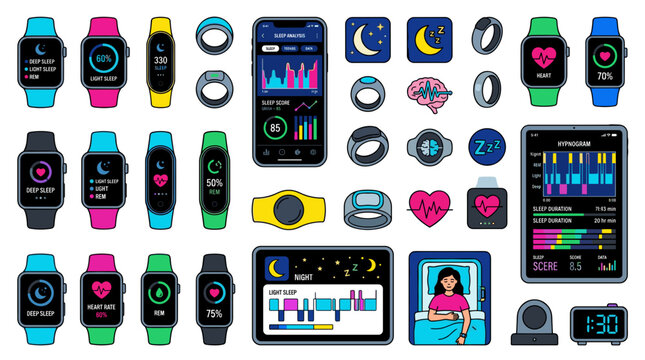 Comprehensive collection of sleep tracking technology icons and wearable health devices with digital app interfaces for wellness analysis