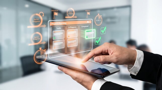 businessman using a digital tablet to manage project planning, sprint progress, and task tracking in a smart workflow system.