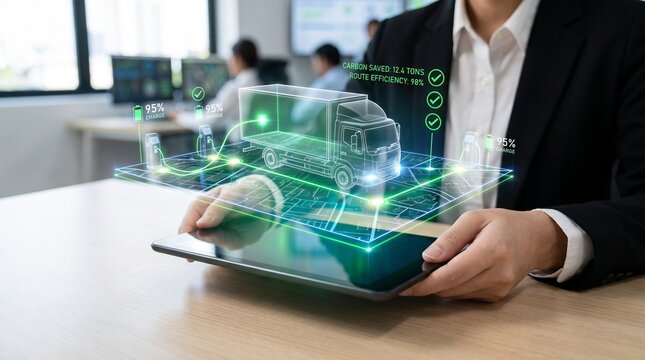 smart transportation management and sustainability concept showing professional reviewing delivery tracking, vehicle charge status, and green logistics performance on digital interface.