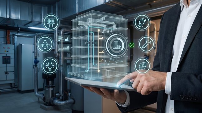 Digital twin smart building model floating above tablet showing real-time facility management analytics and energy consumption metrics for industrial automation