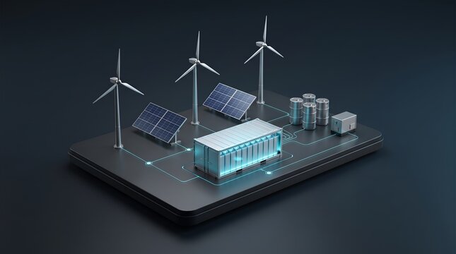 Renewable energy microgrid system featuring wind turbines solar panels and battery storage representing sustainable power generation infrastructure