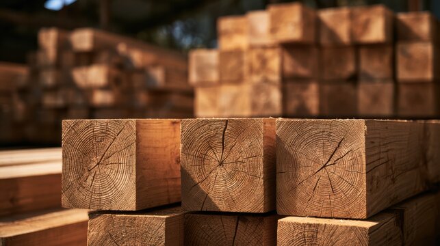Stacked wooden beams with visible tree rings and grain patterns in a well-lit lumber yard.