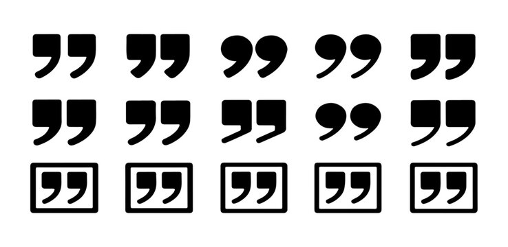 Black quotation mark collection with square frame accents for typographic design and modern web interface.