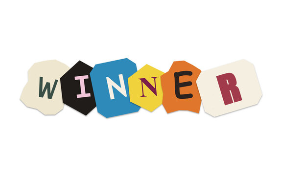 Winner word composed of multicolored ransom note style paper pieces with colorful, typography