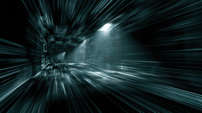 Dark abstract tunnel motion blur light streak digital corridor futuristic space infinite void cold tone dark background speed effect luminous haze