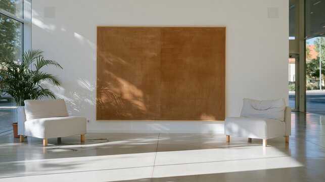 Blank caramel brown wall in a bright modern lobby, featuring soft lounge chairs and a potted plant for corporate branding mockups and signage