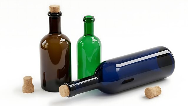Wine bottles and corks on a white background